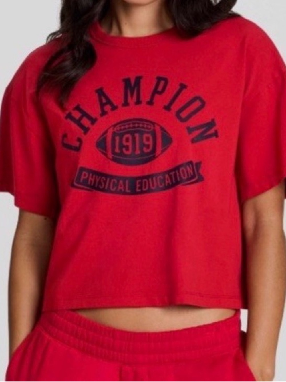 Champion Red Cropped Graphic Tee with Navy Print